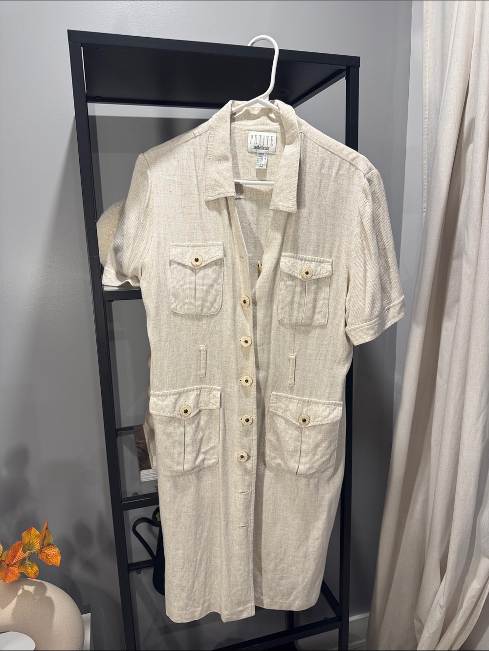 246.Petite Sophisticate Cream Button-Front Utility Dress